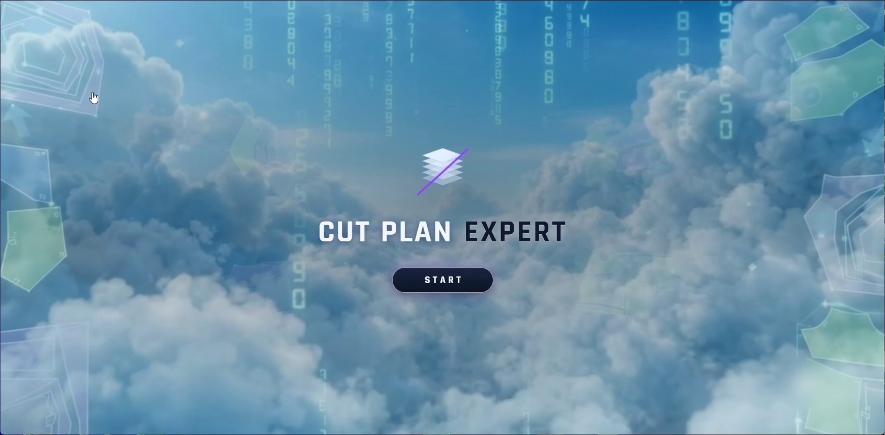 Autentyczny ekran startowy CUT PLAN EXPERT z chmurami, logo i START